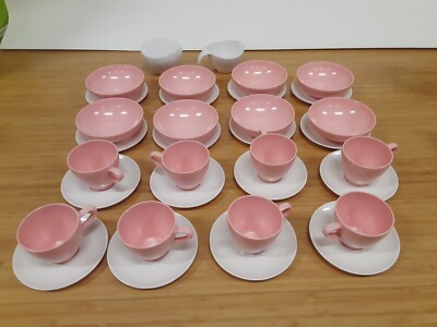 Vintage Melmac Prolon Pink White Cups Bowls Saucers Creamer