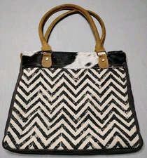 Myra Bag Cowhide Leather & Canvas Chevron Tote Handmade Boho Chic Purse Pls READ