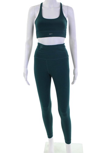 Set Active Womens Scoop Neck Knit Sports Bra Leggings Set Dark Teal Medium Large