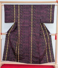 Vintage Japanese Kimono Silk Hitoe Grape Purple Black Yellow Stripe Ikat Pattern