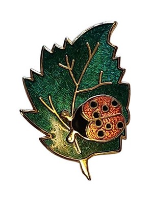 Vintage Fish & Crown lucky Ladybug Cloisonne Enamel Red Green Leaf Brooch pin