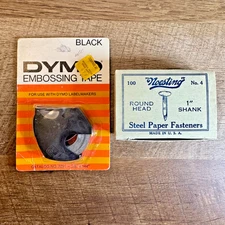 Vintage 1960s Lot, DYMO Embossing Tape (1969) & Voesting Steel Paper Fasteners