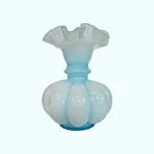 Vintage Fenton Blue Overlay Melon Art Glass Vase with Ruffled Rim 8" Tall