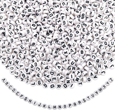 1000 Stück Buchstabenperlen 4x7mm Rund Acryl Weiß Schwarz Wort A bis Z