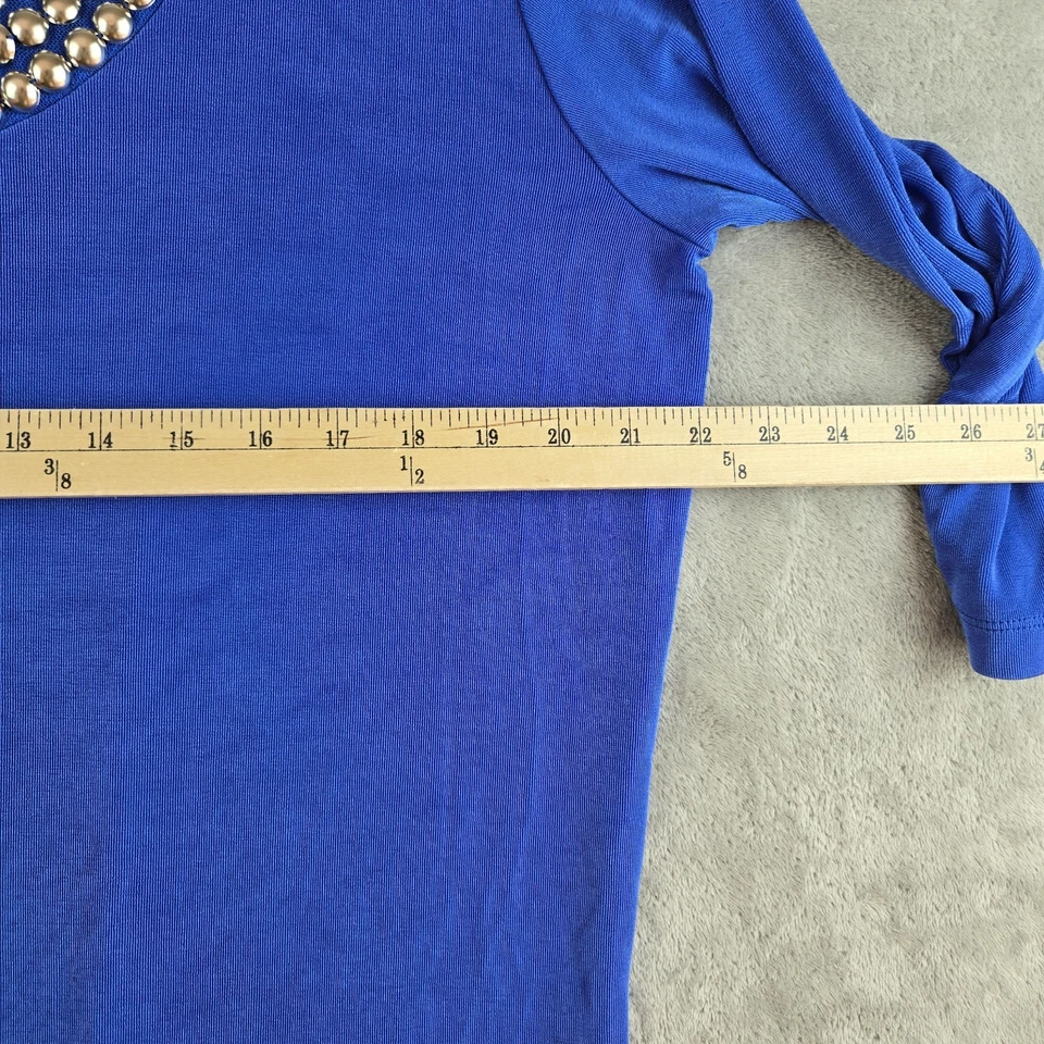 Top vintage marca Slinky para mujer 1X azul manga 3/4 tachonado cuello redondo hecho en EE. UU. Foto 4 de 4
