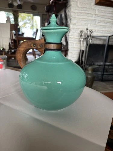 Bauer Pottery Los Angeles Teal Blue Green Pitcher Carafe Wood Handle VTG MCM