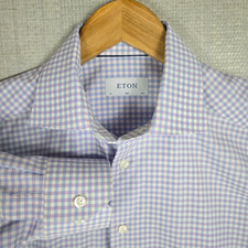 ETON Mens Medium 100 Cotton Sport Shirt Lilac/Blue/White Gingham Check 15.5
