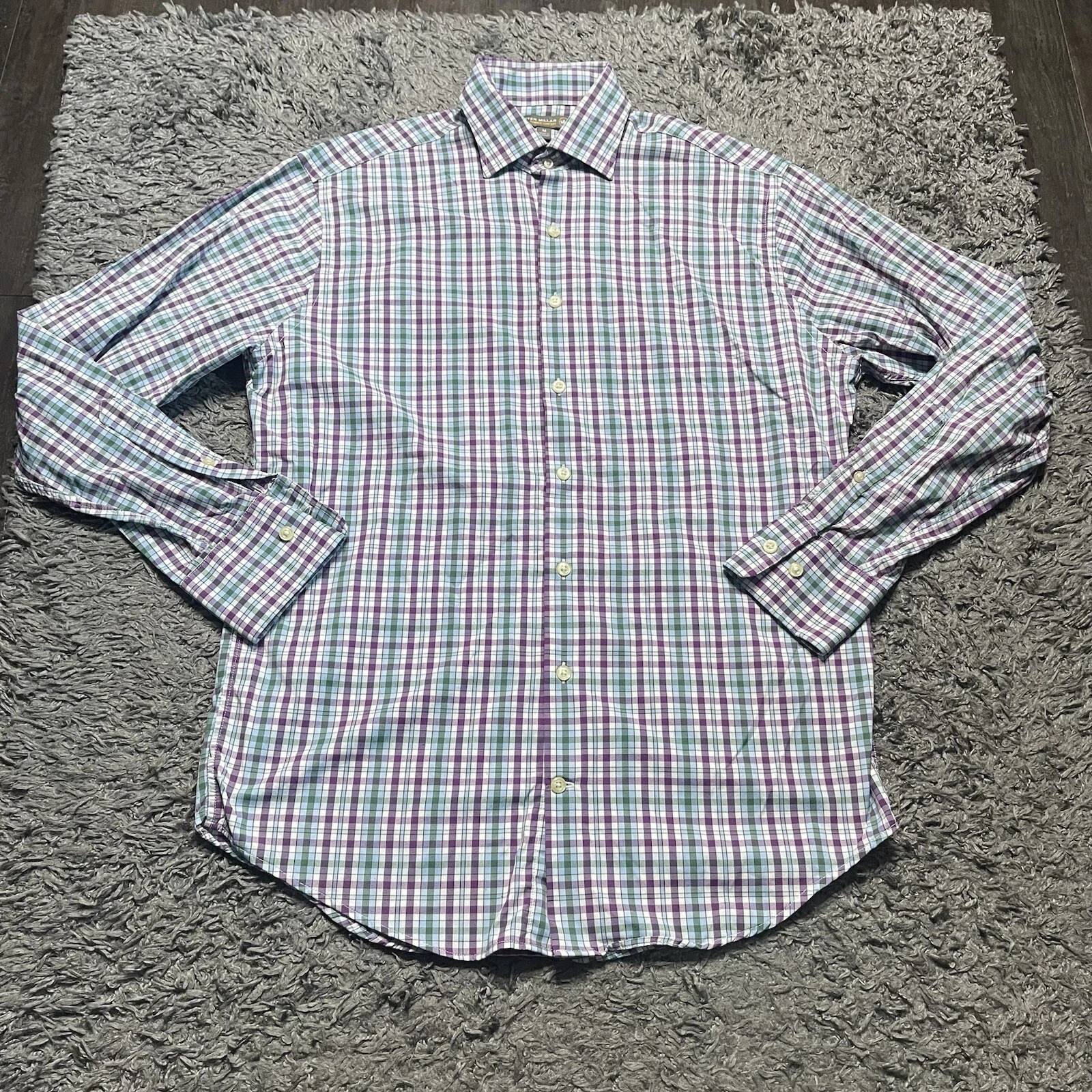 Peter Millar Shirt Mens Medium Purple Green Plaid Summer Comfort Button Up Logo