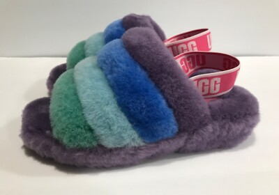 UGG Fluff Yeah Blue Green Purple Rainbow Shearling Slide Slippers Women s Sz 7