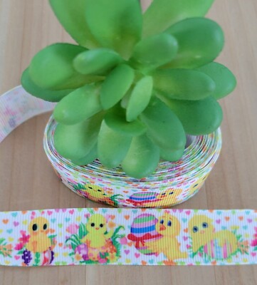 7/8'' (1 YD) Easter Chic Grosgrain Ribbon Yellow Chickens Easter Eggs Hair Bow