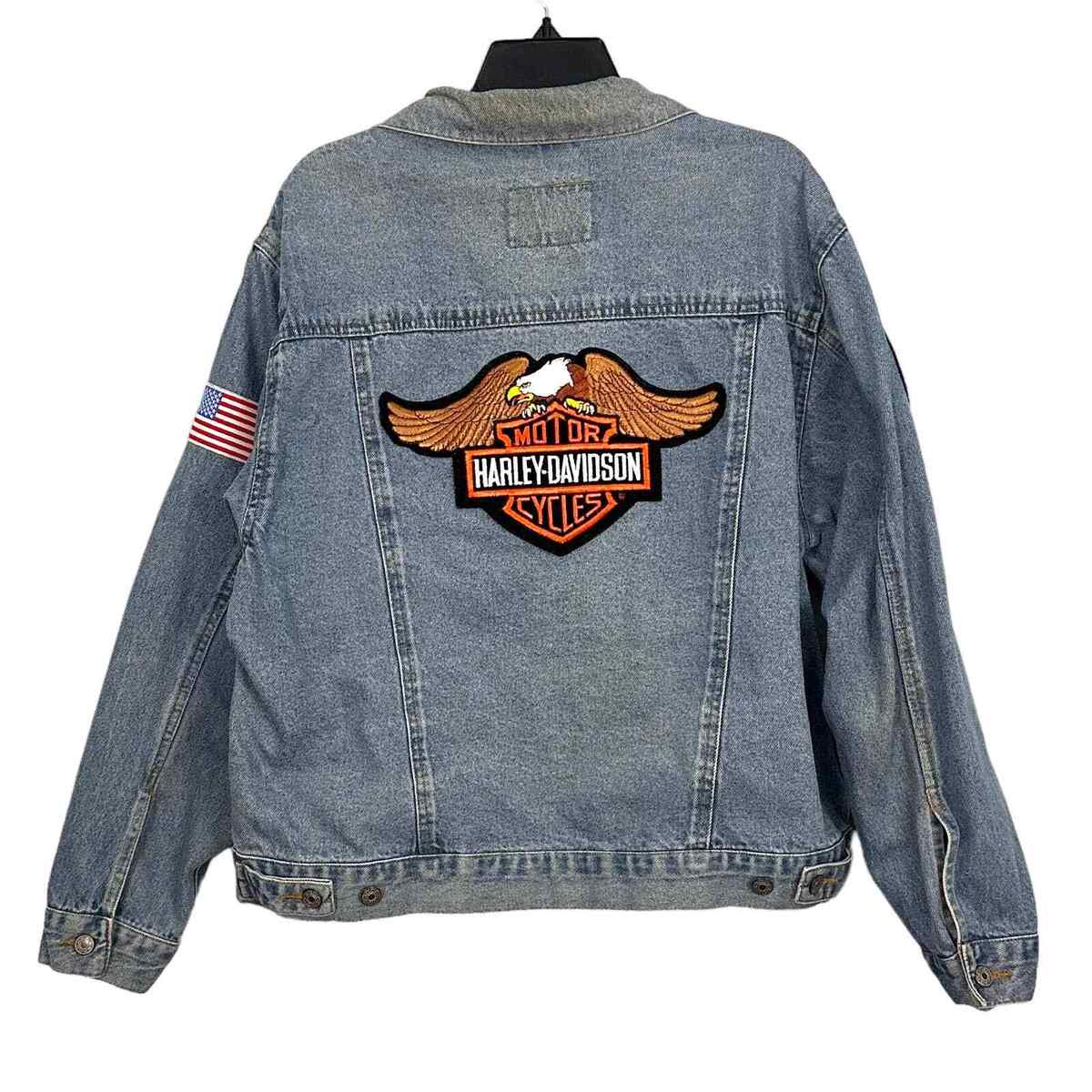 Harley Davidson Patch Jacket Denim Blue Jean Trucker Style Harley Davidson Patch Jacket Denim Blue Jean Trucker Style