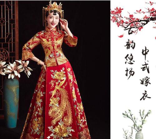 Chinese Style Bride Wedding Dress Ball Gown Long Sleeve Red Embroidery Dress New - Picture 1 of 11