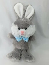 HugFun Gray Rabbit Plush 11 Inch Blue Polka Dot Bow Stuffed Animal Toy