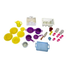 Barbie Dollhouse Kitchenware Utensil Lot Mini Plates Cups Pans Dishrack