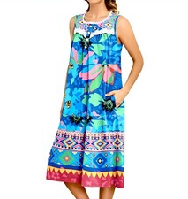 Floral Nightgown,Pockets,Button-Down,Sleeveless,Pleated,Long,Cotton Blend,Large