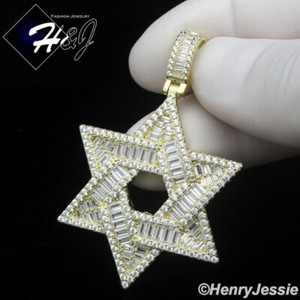 Authentic 925 STERLING SILVER ICY BAGUETTE CZ GOLD PLATED JEWISH STAR OF DAVID PENDANT*471