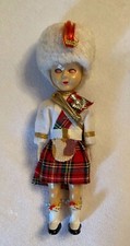 VINTAGE Antique Scottish Souvenir 6.5  Celluloid Boy doll plaid kilt sleepy eyes