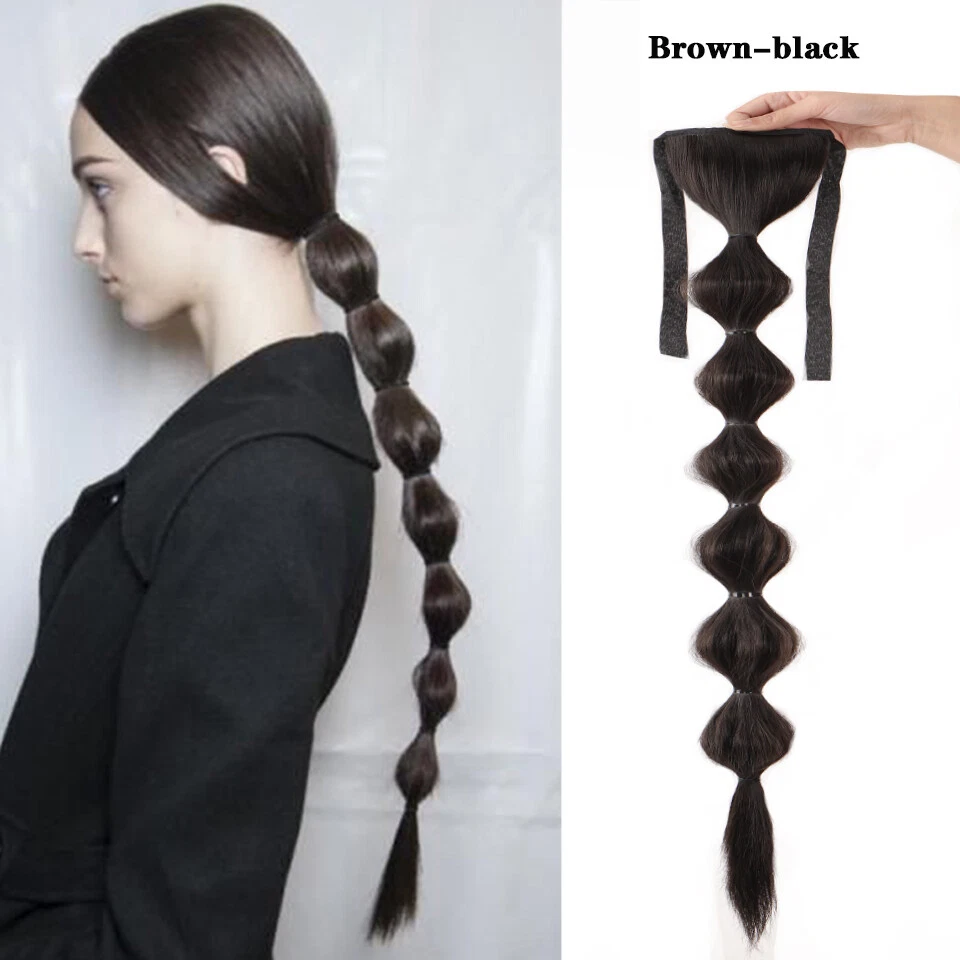 Long Black Bubble Long Ponytail Synthetic Drawstring Hair Ponytail For Women   - Image 3 of 4