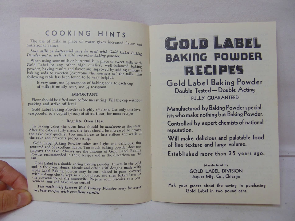 LIBRO DE RECETAS VINTAGE DE 1920 FOLLETO ETIQUETA DORADA POLVO DE HORNEAR PUBLICIDAD RARA  Foto 3 de 4