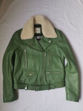 Pistachio Green Leather Bomber Jacket With Sheepskin Collar M Each X Other Paris