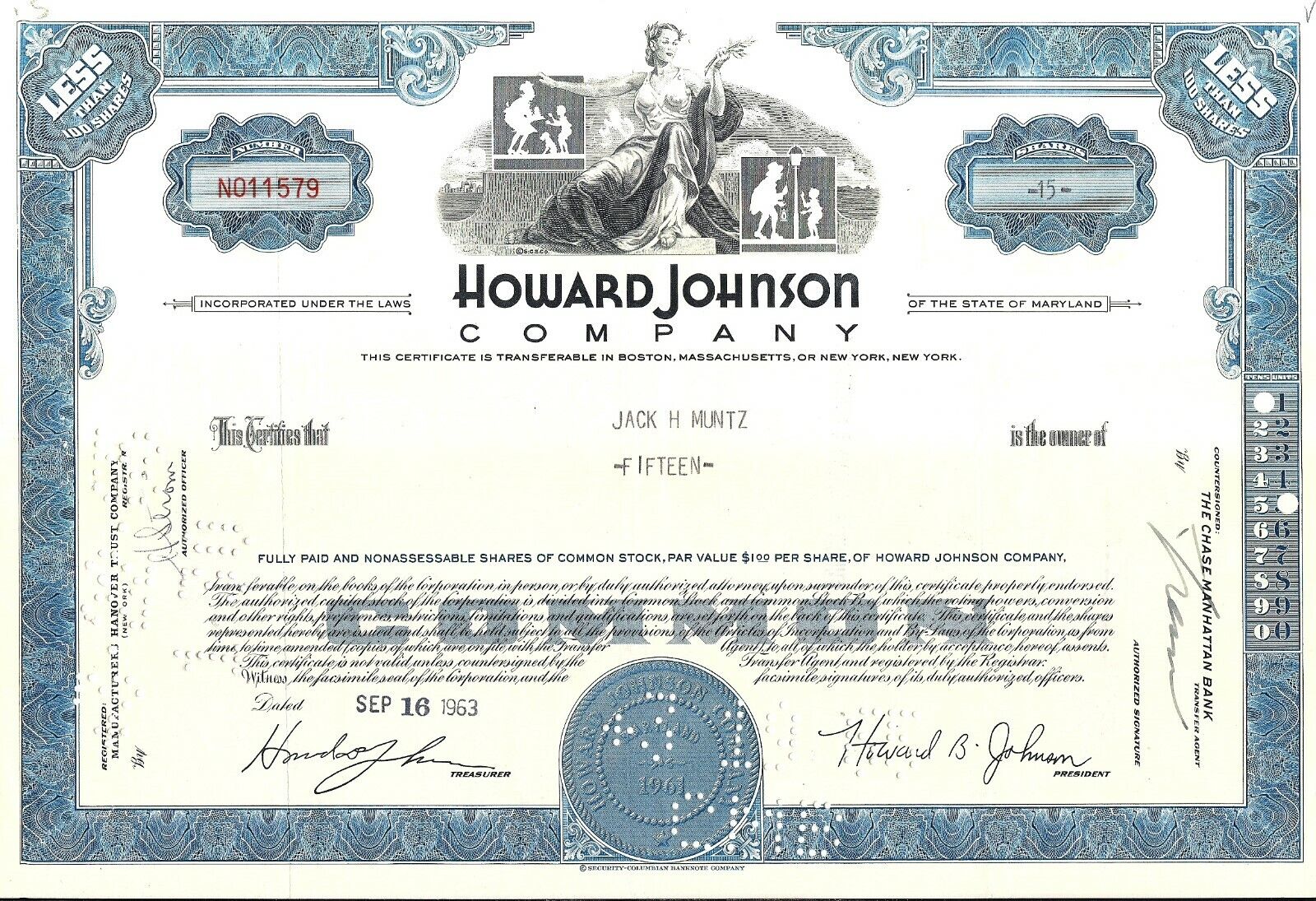 Stock certificate Purchase Howard Johnson Quality inspection Comp. State blue Maryland of