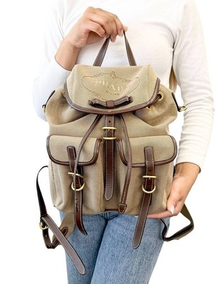 PRADA Vintage Logo Jacquard Backpack Brown Gold Canvas Leather