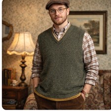 VTG Woolrich Men Loden Heather V-Neck Sweater Vest XL Wool Olive Green grandpa