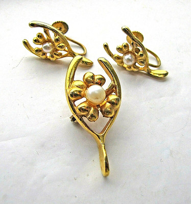 Brooch & Clip-On Earrings Set Vintage Wishbone Lucky 4 Leaf Clover Pearl Pin