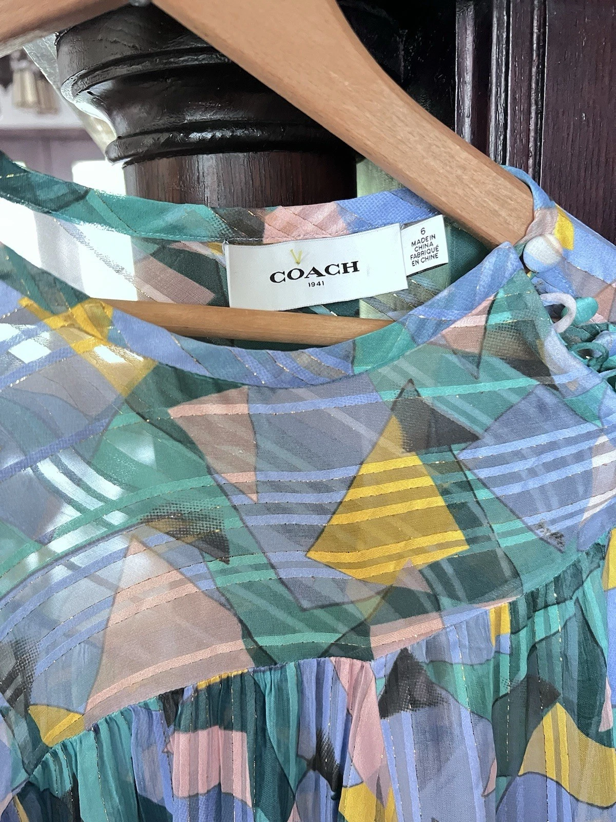 Mini abito Coach colorato audace Geo Yoke manica lunga taglia 6