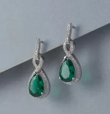 3Ct Pear Cut Simulated Emerald Fancy Drop Clip On Earring 14K White Gold Plated