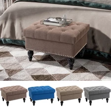 HOMCOM Button-Tufted Storage Ottoman with Removable Lid, Wood Legs