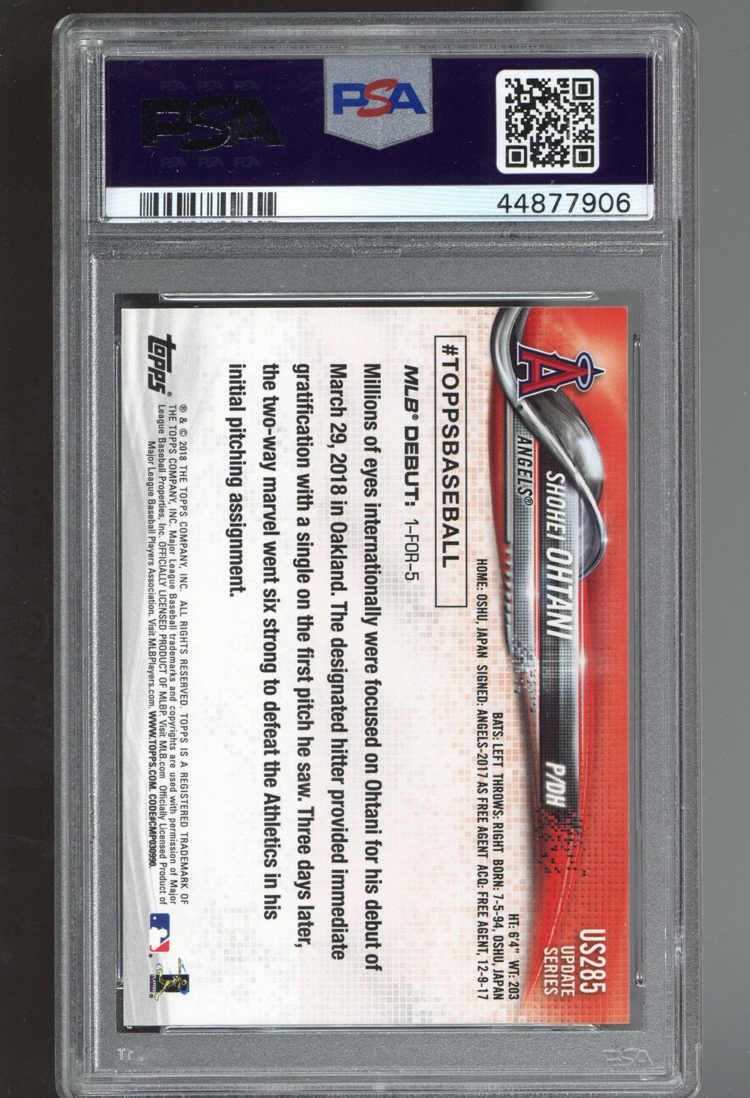 2018 Topps Update #US285 Shohei Ohtani PSA 9 ROOKIE RC view 2