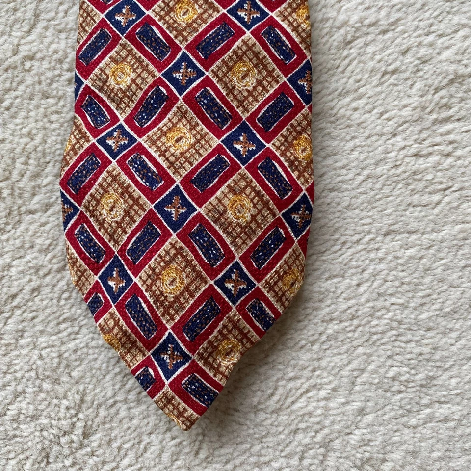 Corbata De Seda 100% JAEGER Roja Dorada A Cuadros Diseñador Hecha En Italia - Imagen 3 de 4