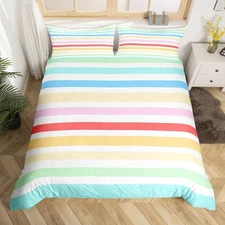Girls Colorful Stripes Bedding Set,Modern Line Duvet Cover for Teens,Kids Rai...