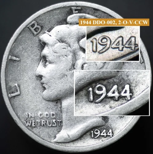 1944-D 10C Mercury Dime DDO-002, 2-O-V-CCW  Nice Doubling! VF #8225