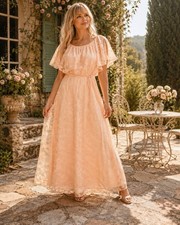 VTG 70s Peach Lace Maxi Dress Romantic Victorian Inspired Cottagecore Boho TT03