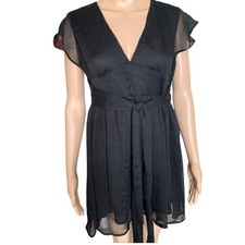 SHEIN Midi Dress Women's Small Black Sheer Lined Deep V-Neck, Tie Waist Zip Back