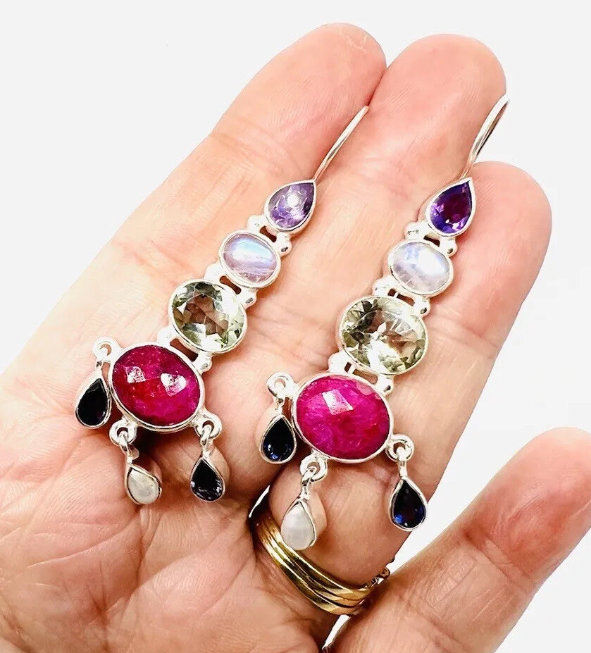 Large Sterling Silver Ruby & Multi Gemstone Drop … - image 3