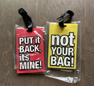 Luggage Tags ''Put it Back, it's Mine!'' + ''Not Your Bag!'' w/ Name Tag Red Yellow