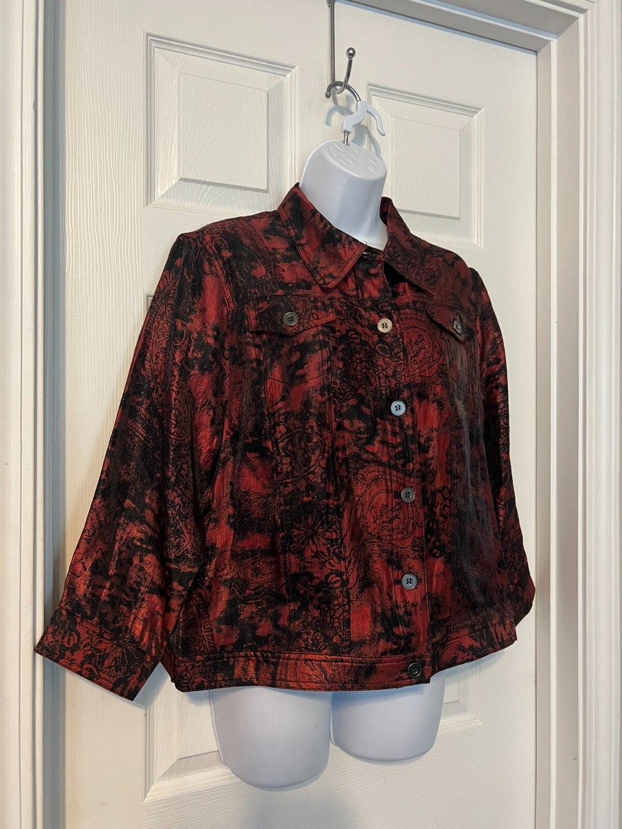 RUBY RD Red/Black 3/4 Sleeve Button Front Silky Dress Jacket Sz 14 