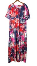 Short Sleeve Polyester Doubleknit Geometric Mod Maxi Dress Red Pink Large