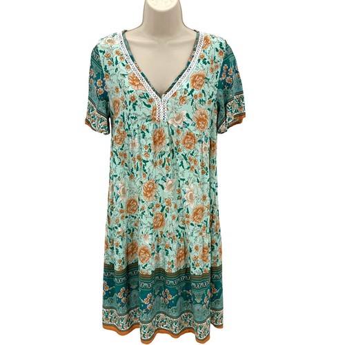 Women's Short Sleeve Lightweight V Neck Multicolored Floral Shift Dress Size M
