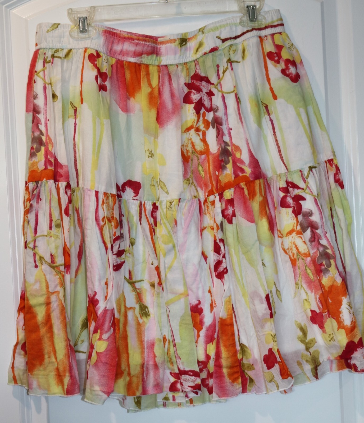 Skirt Medium Old Navy White Pink Green Bright Floral Cotton Lined Flare Elastic-image