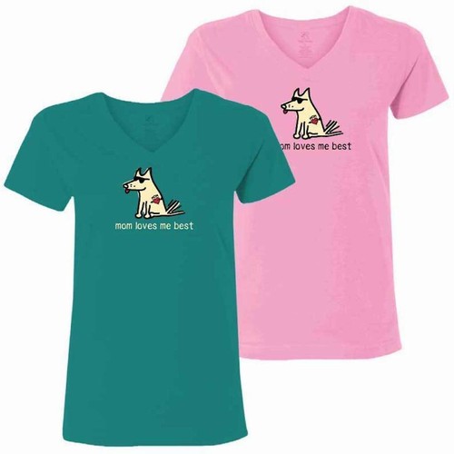 Teddy the Dog T Shirt Mom Loves Me Best Ladies V Neck Tee Mothers Day Pink Jade - Picture 6 of 18