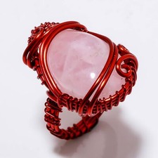 Rose Quartz Gemstone Copper Ring Handcrafted Wire Wrap Beautiful Jewelry 7.5" G3
