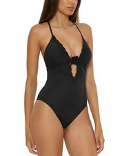 Becca L97654 Black Colette Crochet Flower Plunge One Piece Swimsuit Size L
