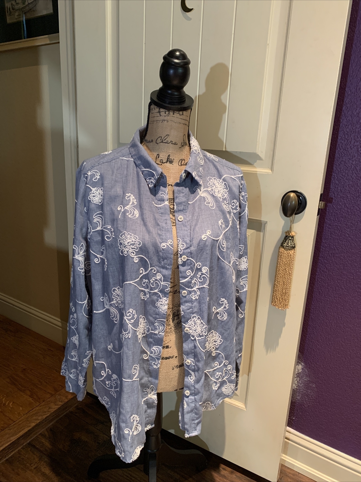 CHICO'S 2 Slate Blue Cotton Embroidery Blouse Soutache Ribbon ...