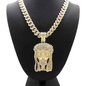 Authentic Large Jesus Head Gold plated Cubic Zirconia Pendant & Iced Cuban Chain Necklace