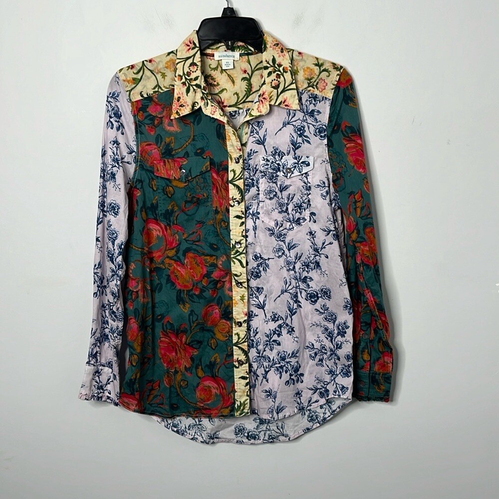 Sundance Floral Ease Patchwork Button Down Long S… - image 1