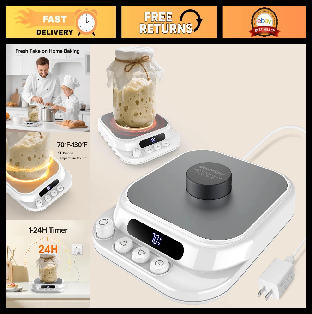 Sourdough Starter Warmer with Precise Temp Control, 24H Timer, Fits Flat/Concave